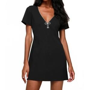 NEW INA FASHION short sleeve waist rhinestone bow mini dress in black